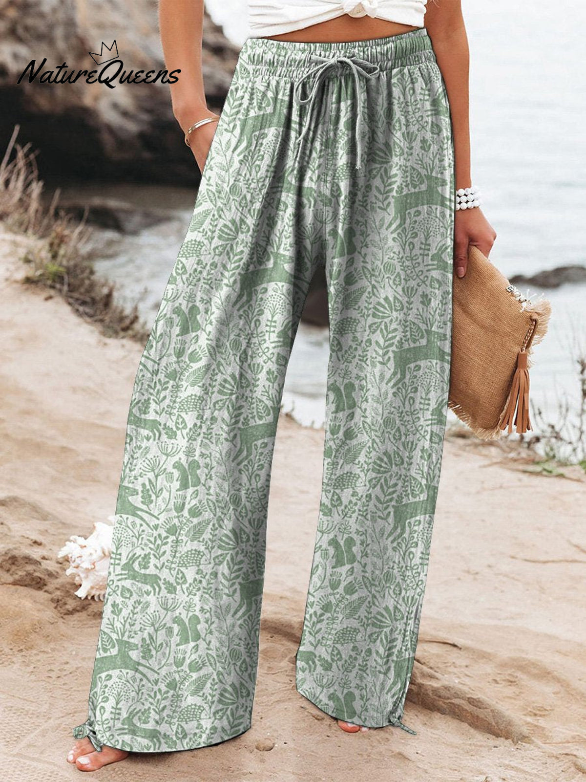 Batik Style Spring Woodland Pattern Printed Women’s Cotton And Linen Casual Pants Green / S