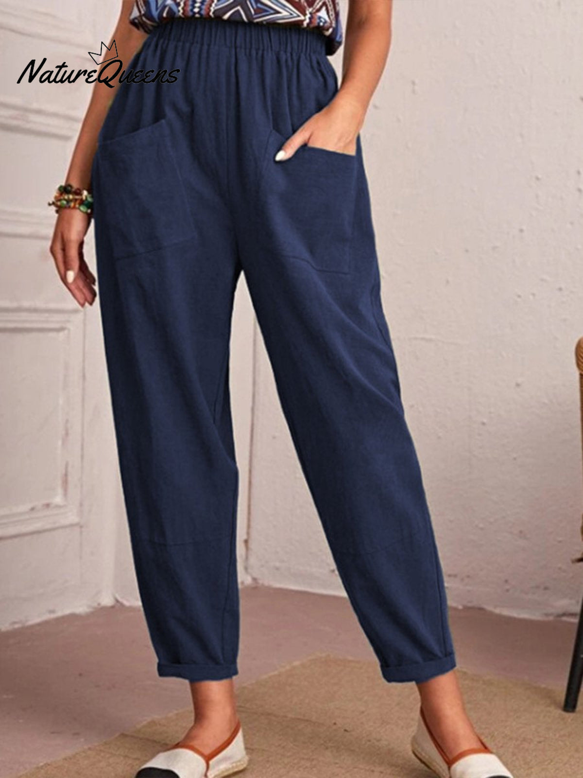 Cotton And Linen Elastic Waist Pocket Tapered Pants Navyblue / S