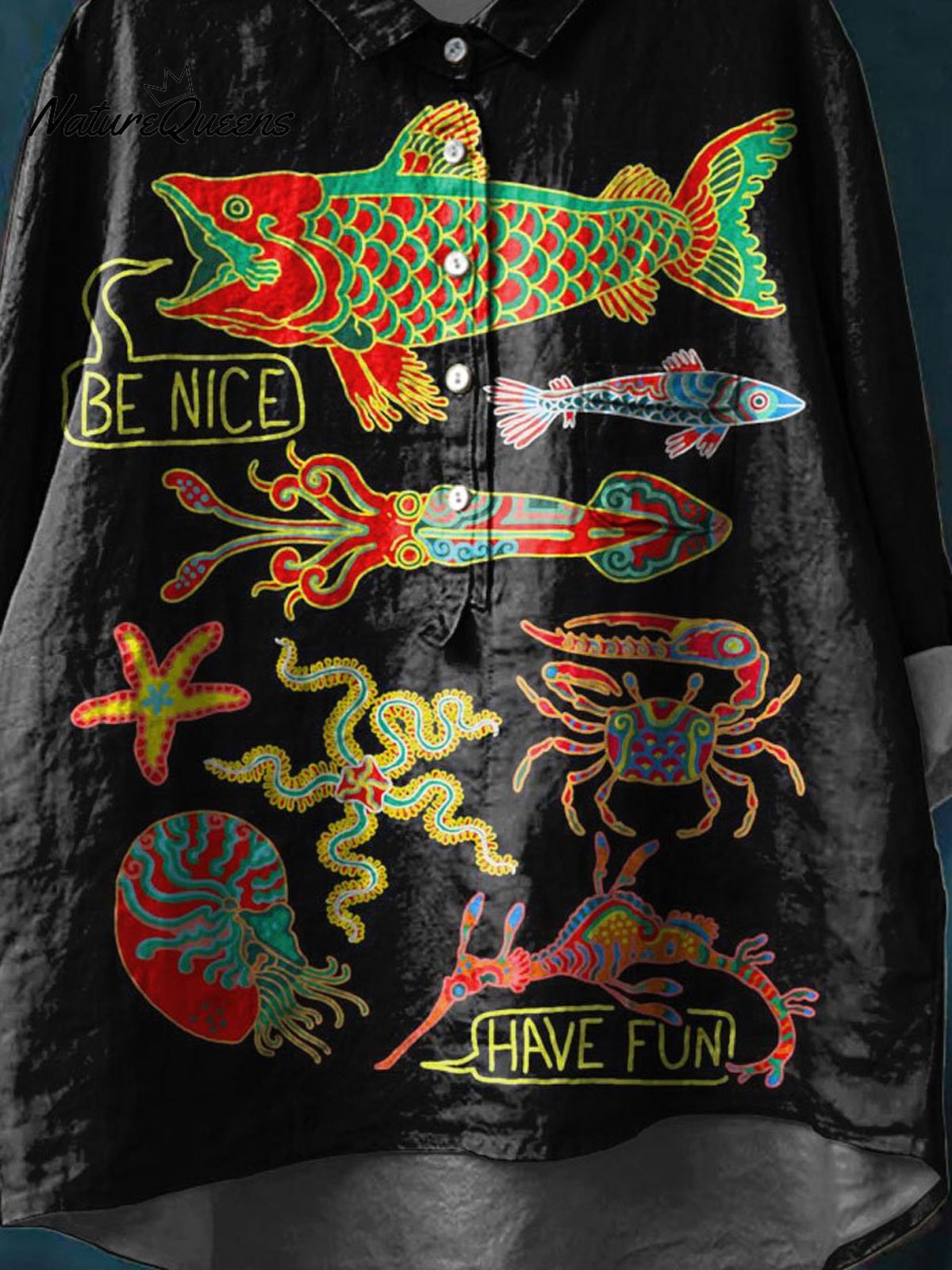 Vintage Lovely Fish Art Print Casual Cotton And Linen Shirt