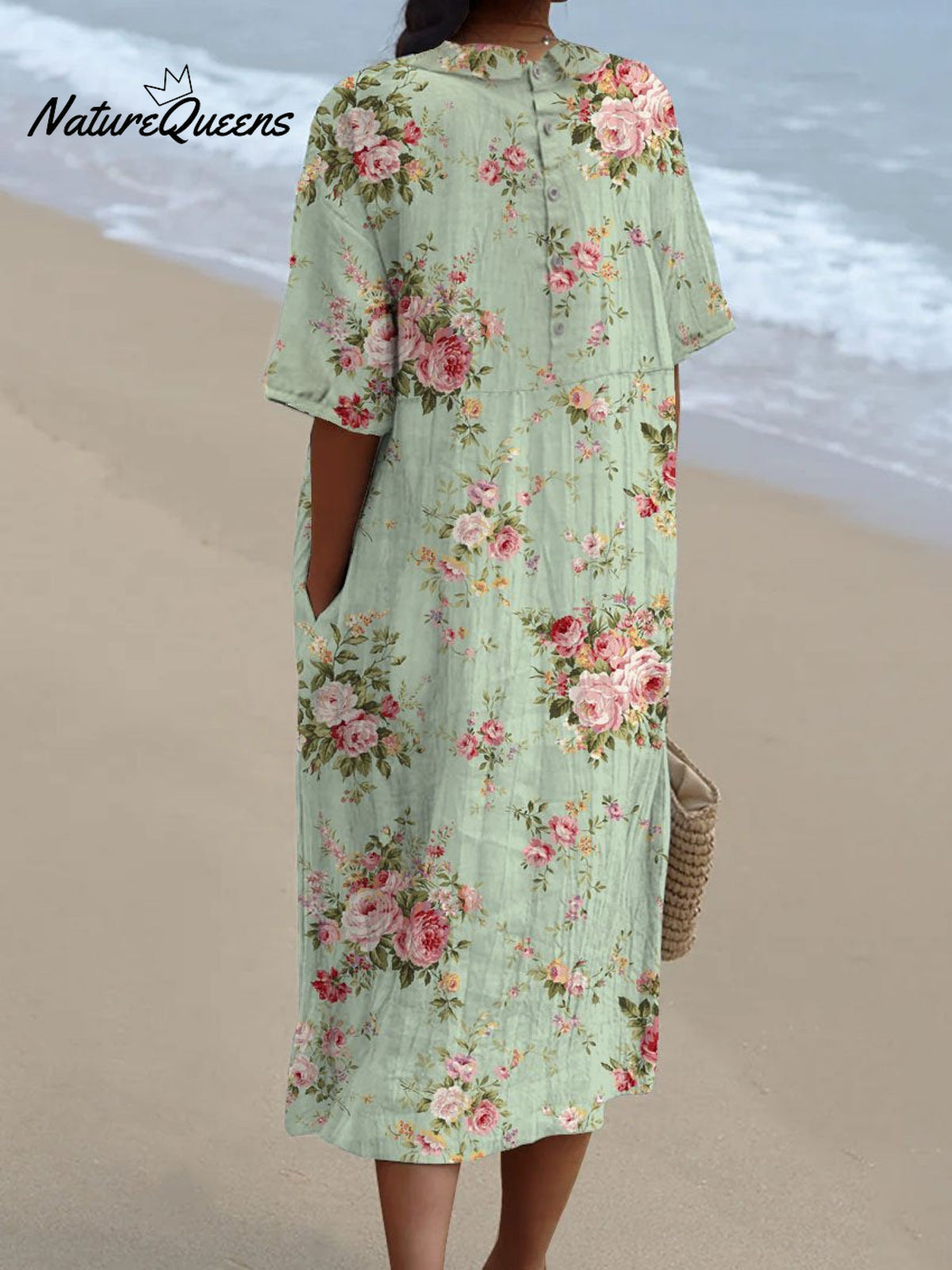 Women's Vintage Floral Art Print Pocket Linen Dress（Convertible Dress With Front And Back Option）