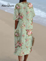 Women's Vintage Floral Art Print Pocket Linen Dress（Convertible Dress With Front And Back Option）