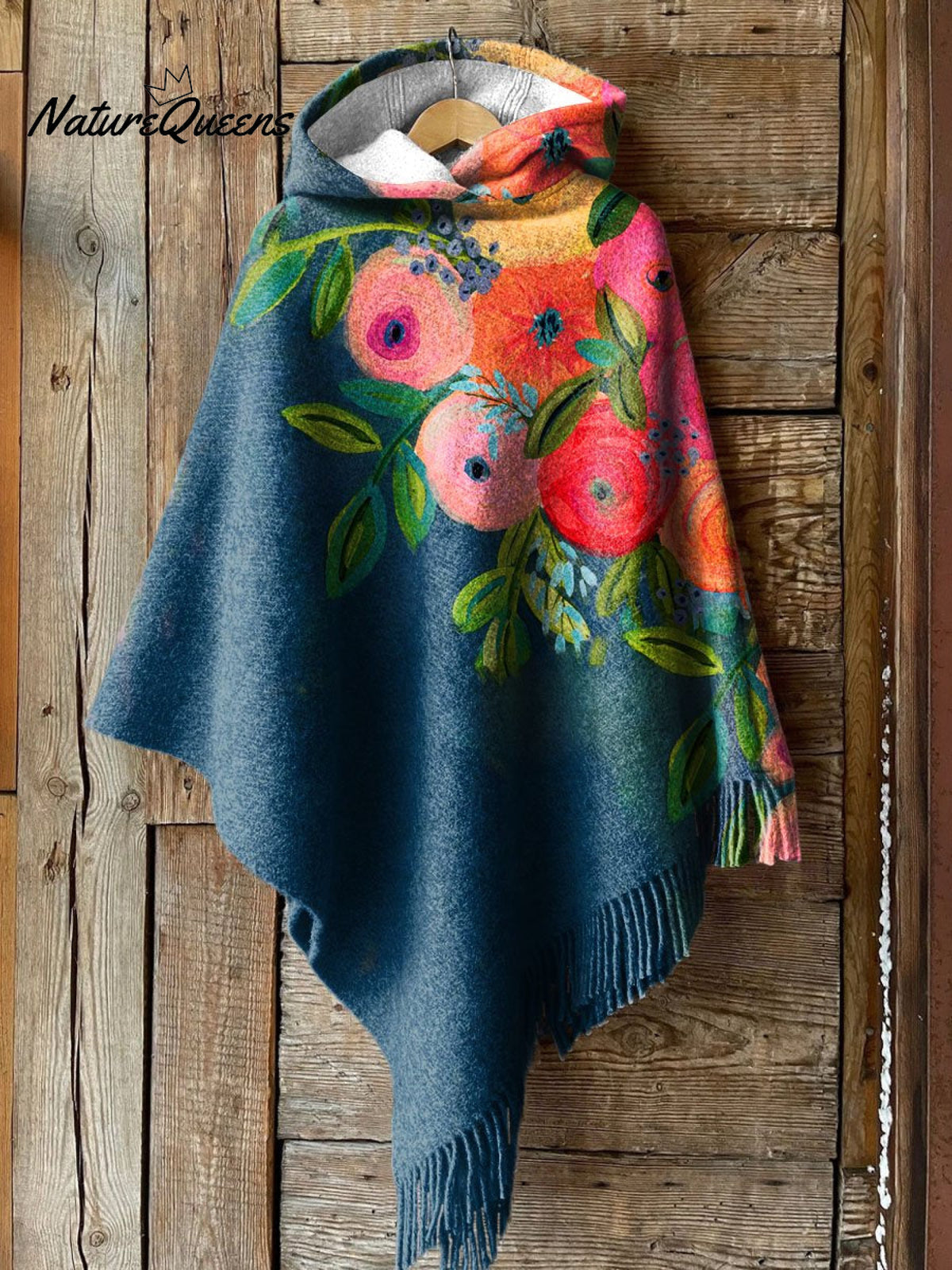 Women's Flower Art Print Casual Knitted Blanket Poncho Hood Cape