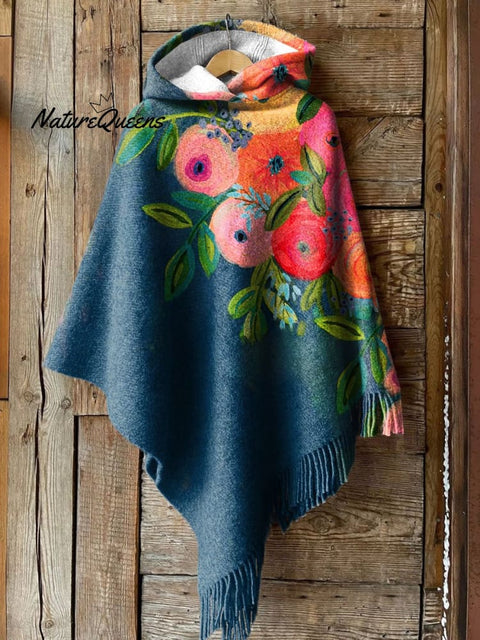 Women's Flower Art Print Casual Knitted Blanket Poncho Hood Cape