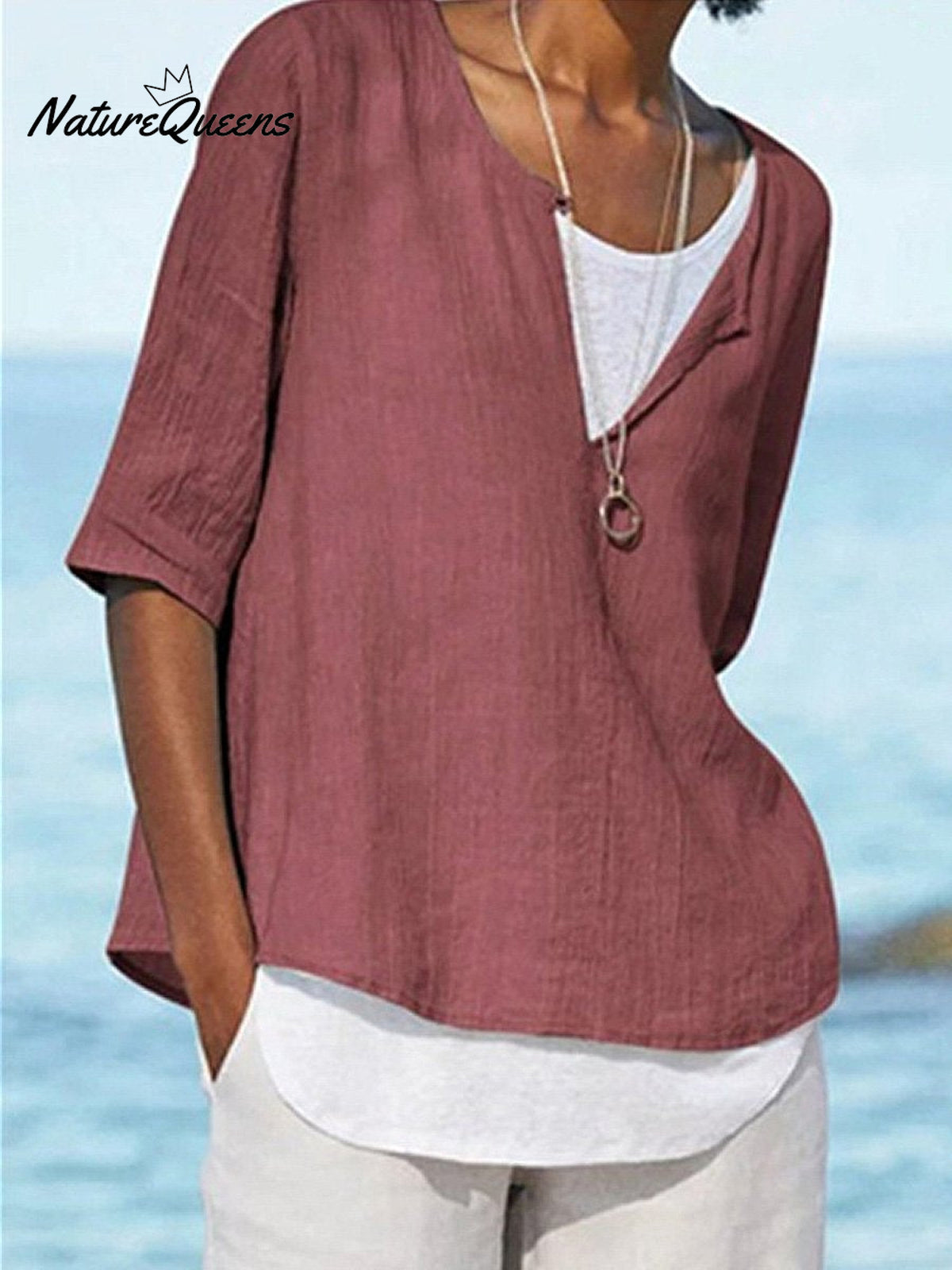 Women's Solid Color Loose Elegant Casual Cotton And Linen Mid-sleeve Shirt