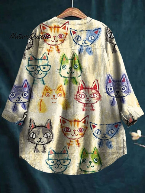 Women's Cute Cat Print Casual Cotton And Linen Shirt