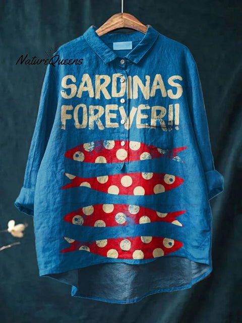 Women's Sanrdinas Forever Fish Art Print Casual Cotton And Linen Shirt