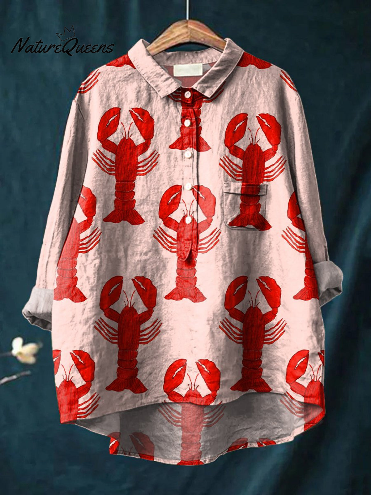 Decorative Pattern of Red Lobsters Arranged On Pink Background Casual Cotton And Linen Shirt