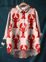 Decorative Pattern of Red Lobsters Arranged On Pink Background Casual Cotton And Linen Shirt