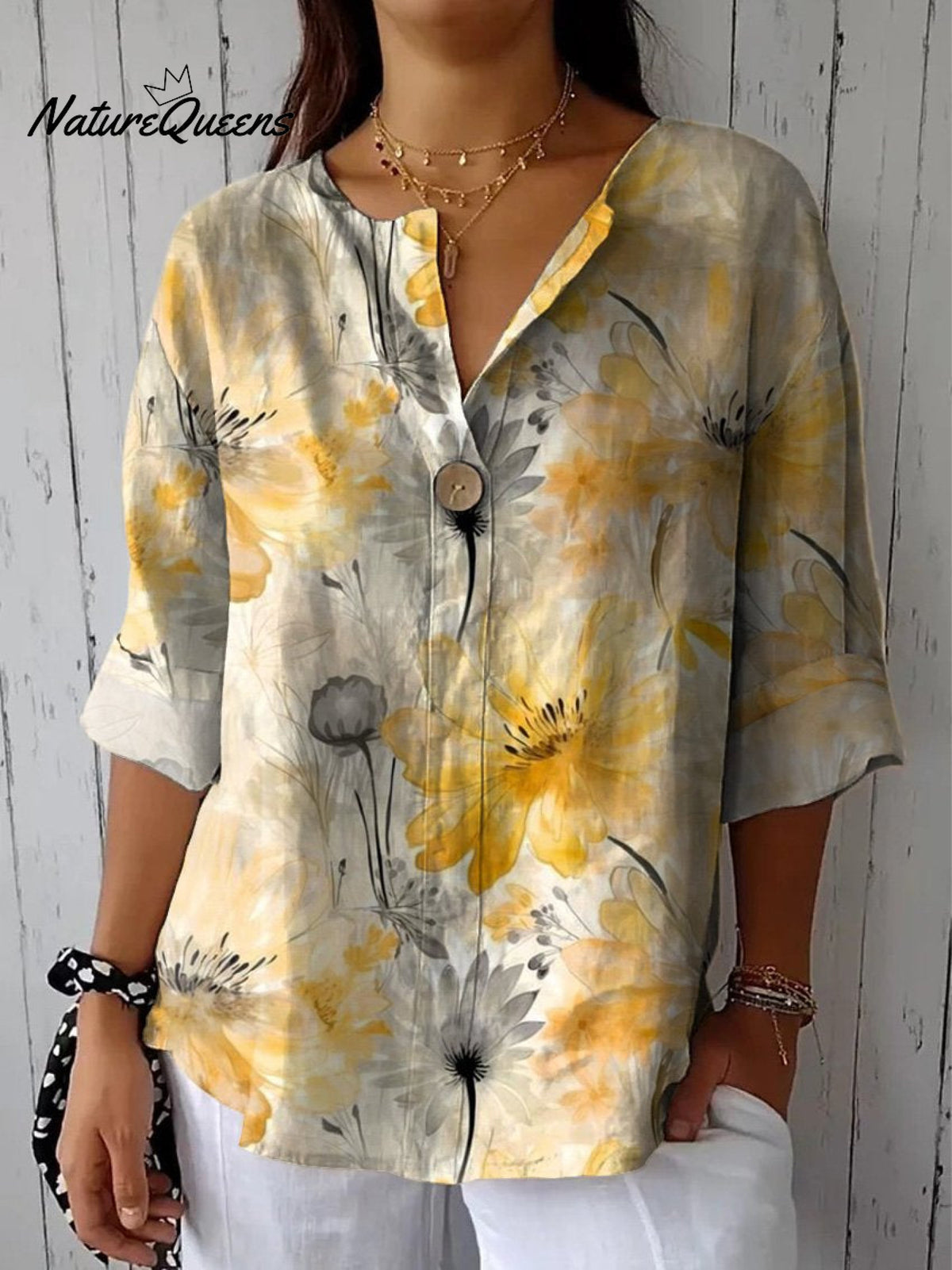 Watercolor Summer Floral Pattern Printed Women's Casual Cotton Linen Shirt