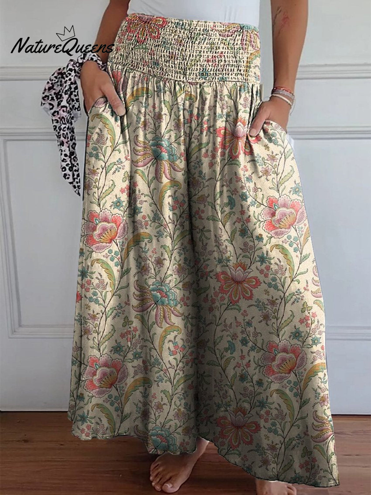 70s Style Vintage Floral Garden Printed Women's Cotton Wide Leg Pants