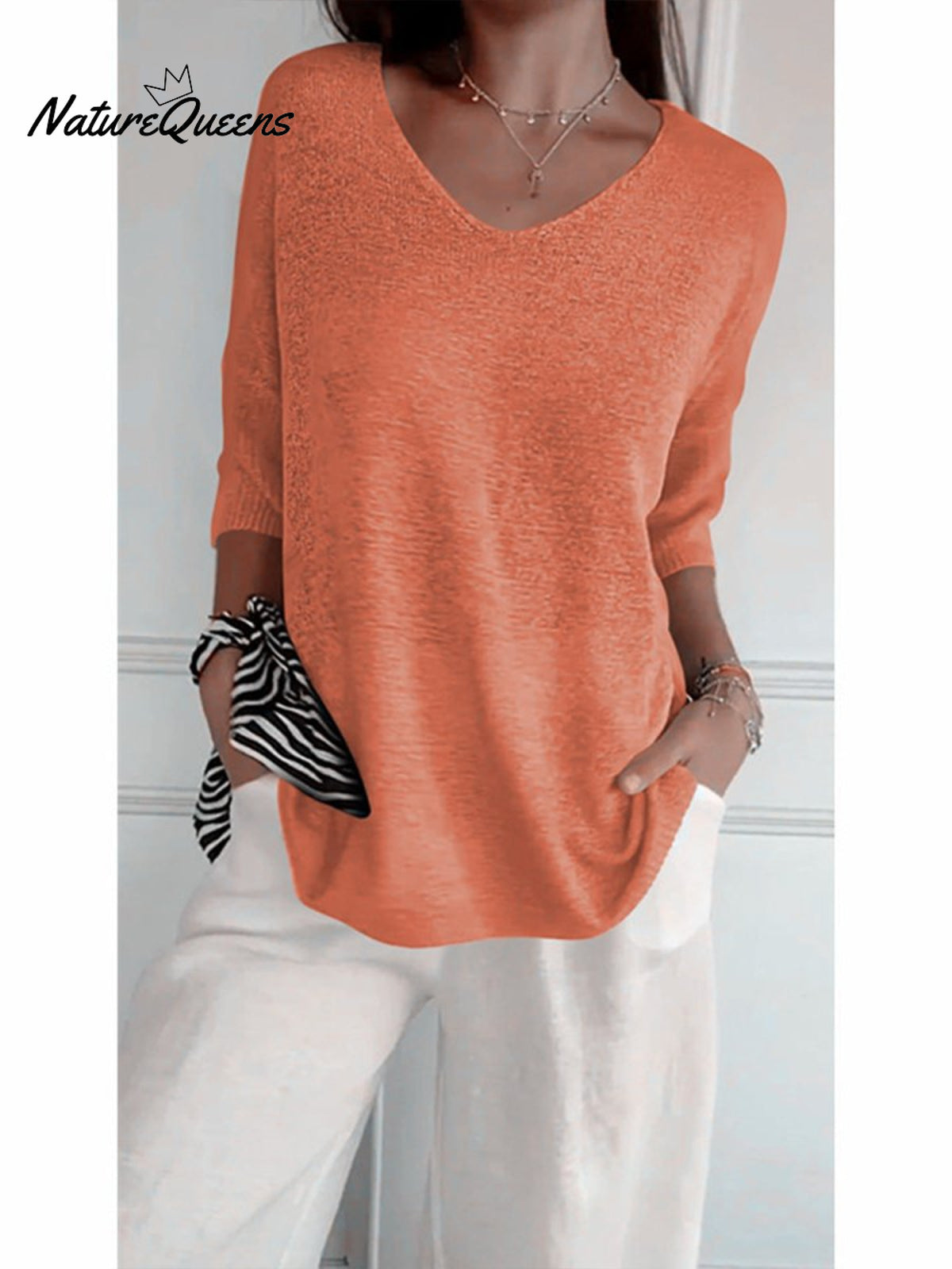 Women’s Solid Color Knitted 3/4 Sleeve V - Neck Top