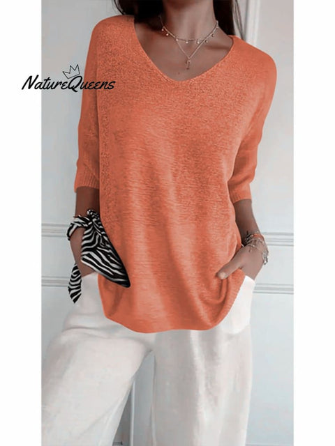 Women’s Solid Color Knitted 3/4 Sleeve V - Neck Top