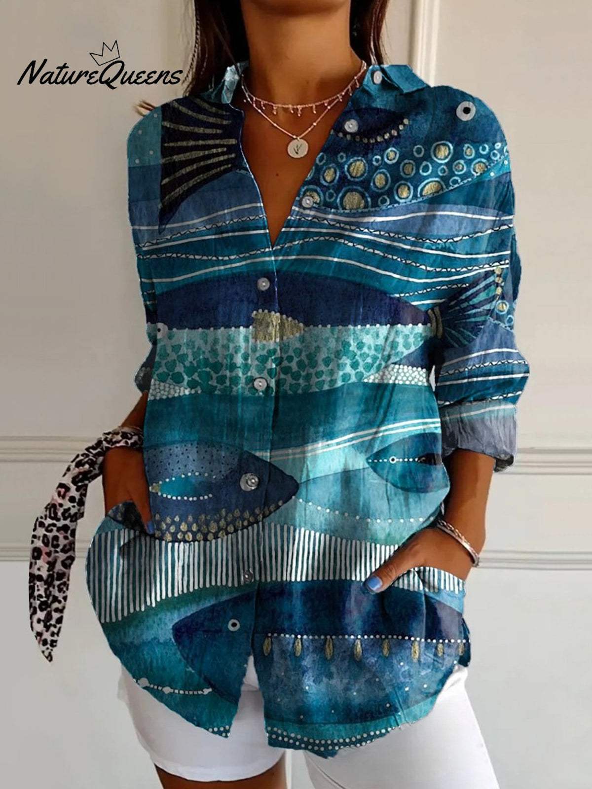 Watercolor Sea Fish Pattern Printed Women's Casual Cotton Shirt