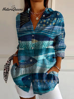 Watercolor Sea Fish Pattern Printed Women's Casual Cotton Shirt