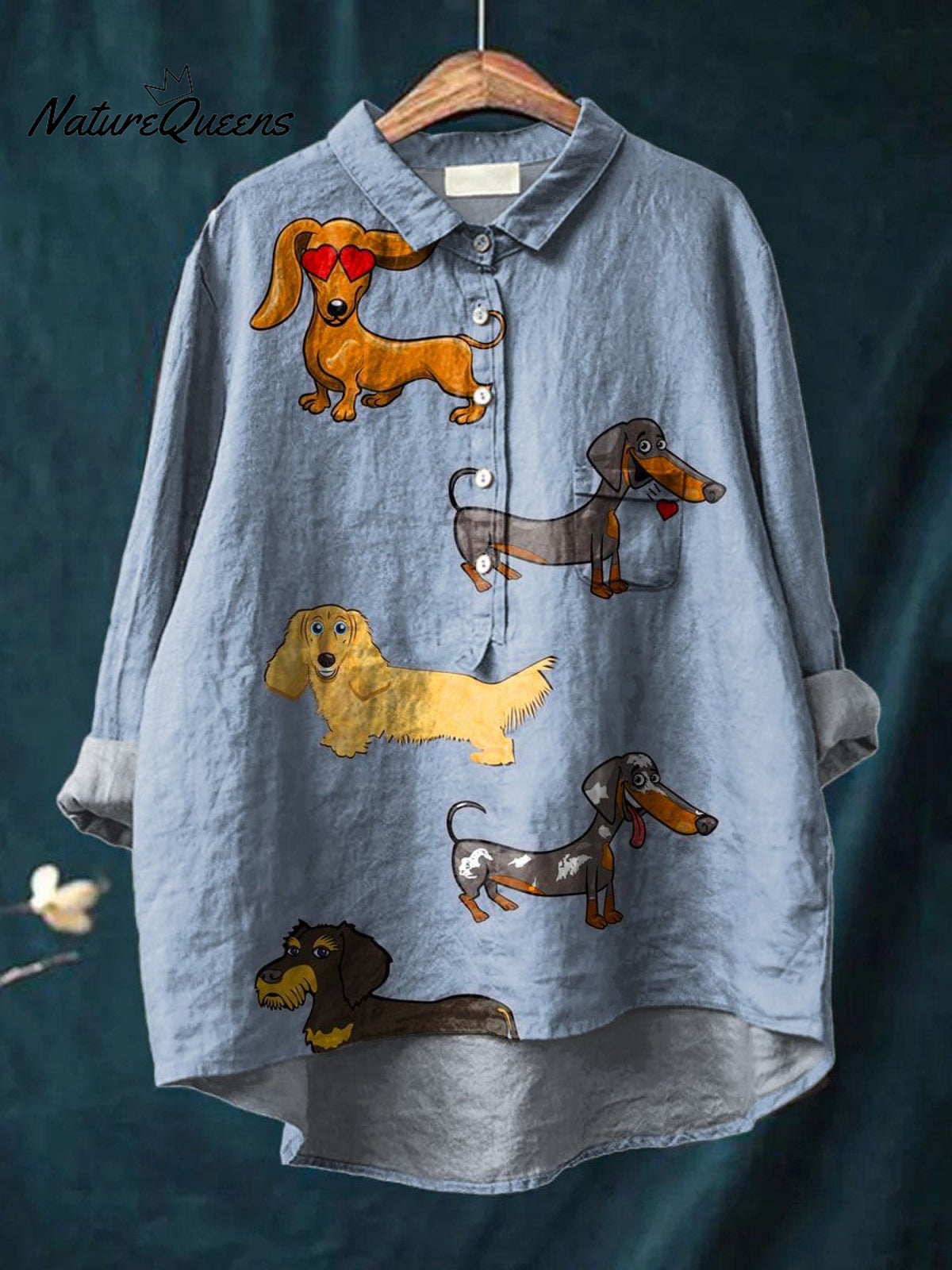 Vintage Lovely Dachshund Art Print Casual Cotton And Linen Shirt