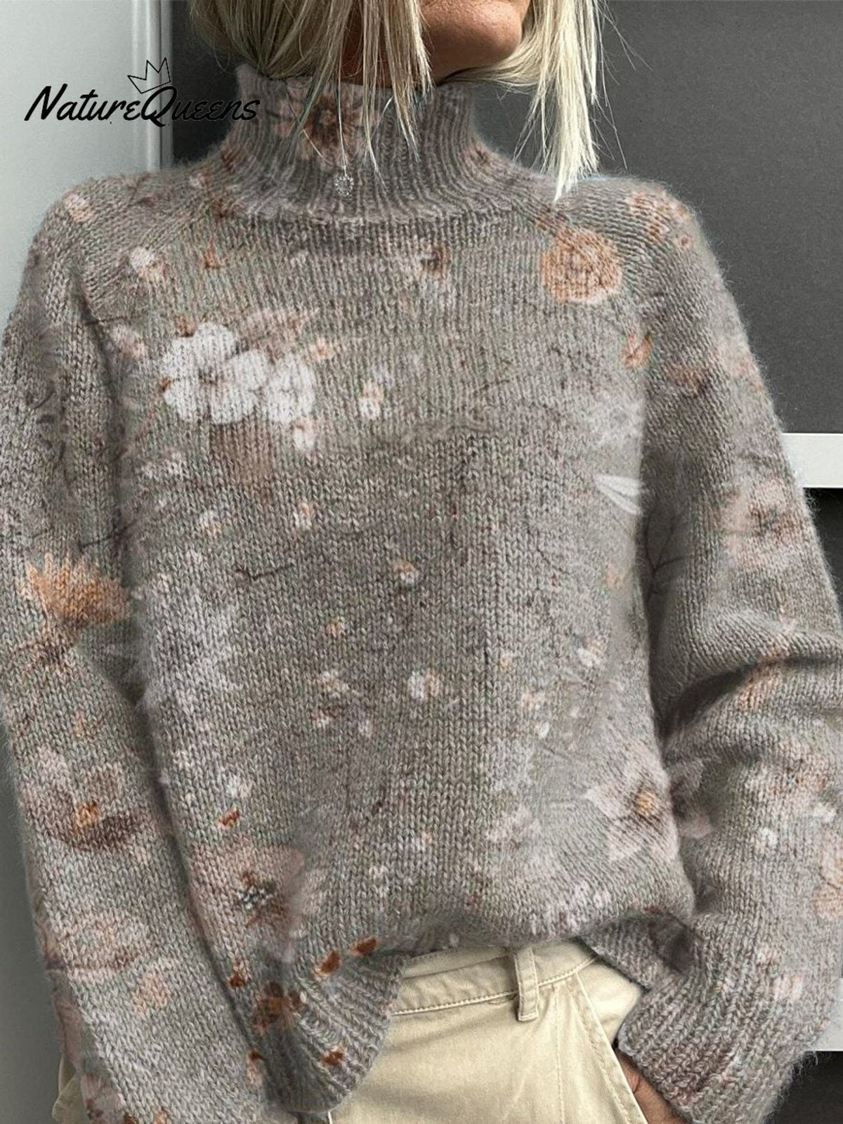 Retro Floral Pattern Print Knit Turtleneck Pullover Sweater