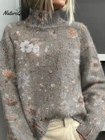 Retro Floral Pattern Print Knit Turtleneck Pullover Sweater