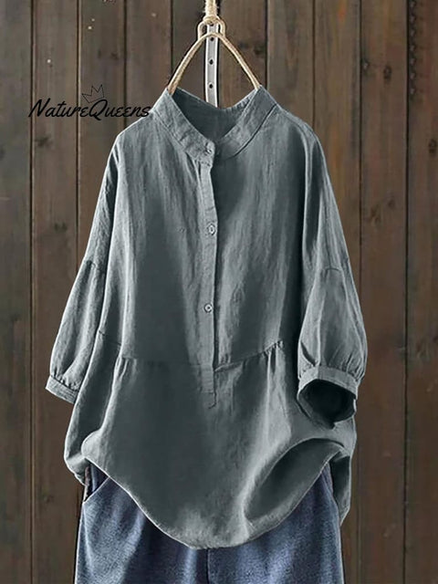 Women's Single Breasted Solid Color Pullover Casual Loose Cotton And Linen Shirt