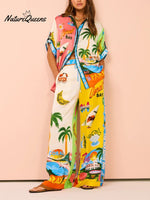 Women’s Printed Short Sleeve Shirt And Trousers Casual Suit Multicolor / S