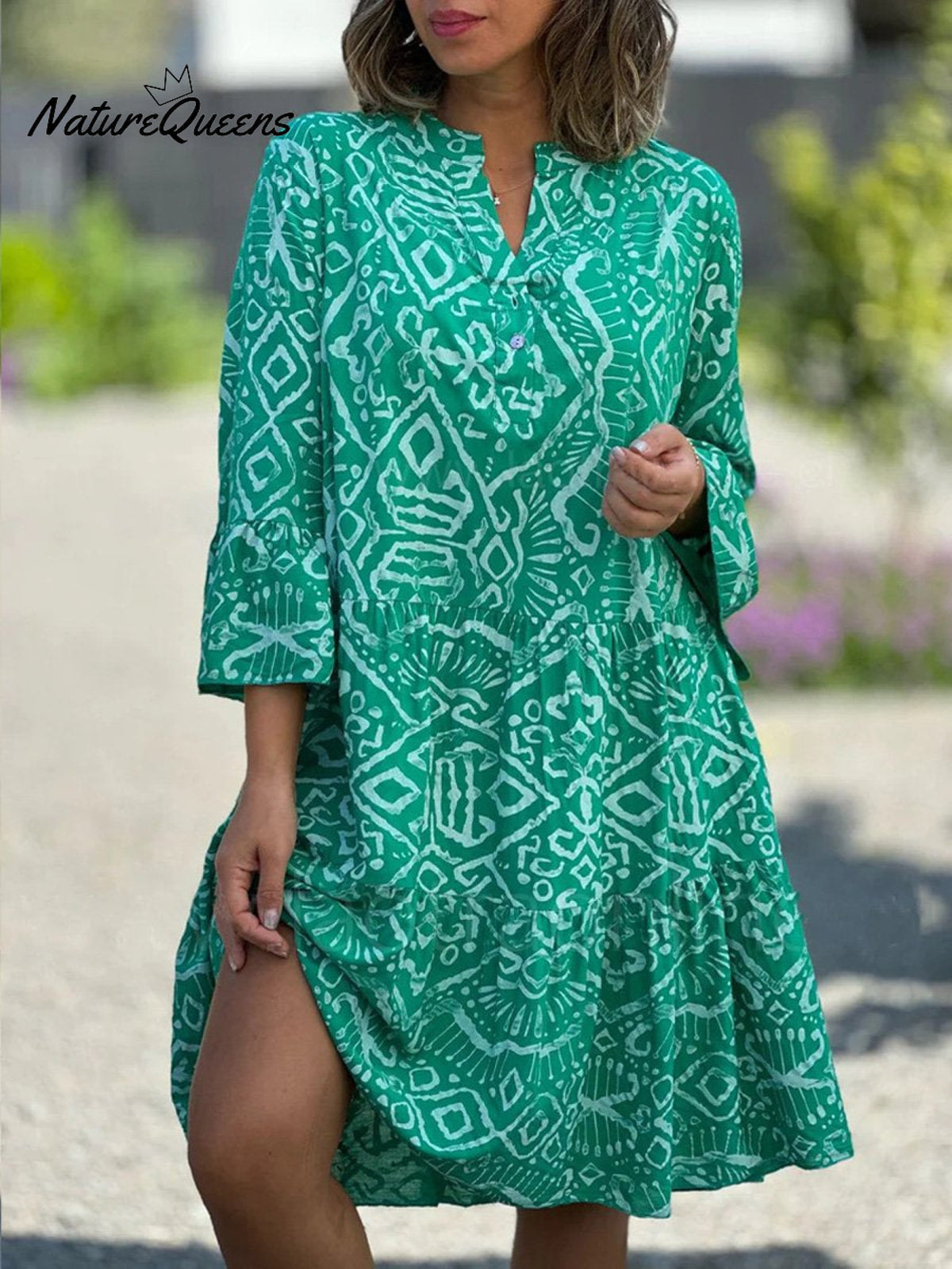 V-Neck Flare Sleeve Pattern Print Summer Dress