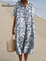 Women's Small Blue Flowers Watercolor Splash Fluid Art Print Flowy Dress