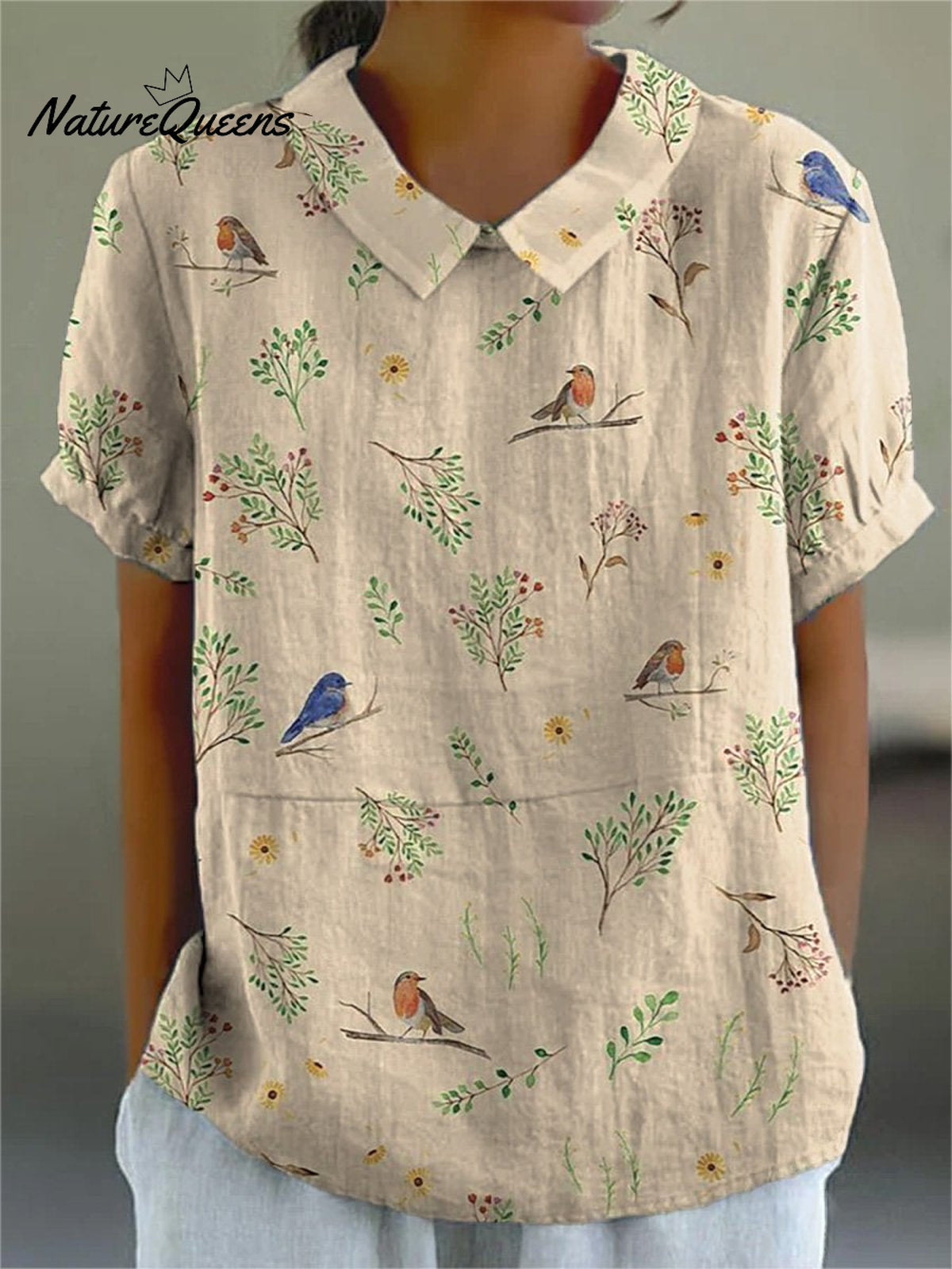 Boughs And Robin Birds Pattern Printed Women's Casual Cotton And Linen Shirt