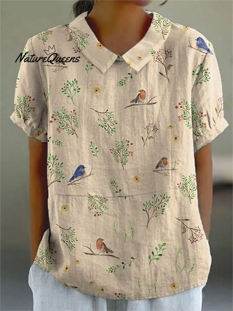 Boughs And Robin Birds Pattern Printed Women's Casual Cotton And Linen Shirt