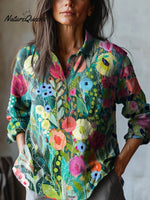 Women's Vintage Lovely Flowers Art Print Casual Cotton And Linen Shirt