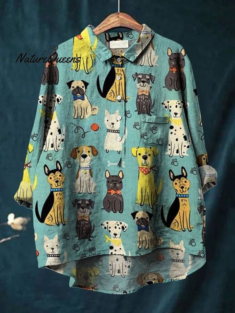 Women's Cute Dog Art Print Casual Cotton And Linen Shirt