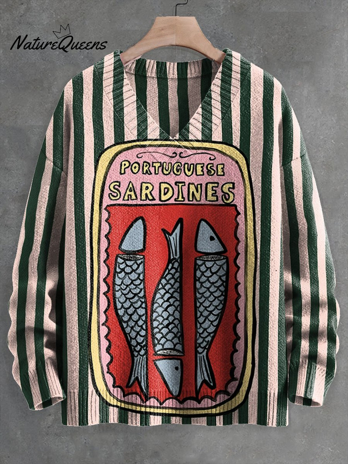 Pink-green Striped Sardines Print Knit V-neck Pullover Sweater