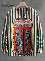 Pink-green Striped Sardines Print Knit V-neck Pullover Sweater