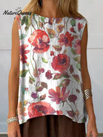 Watercolor Poppy Floral Art Printed Women’s Casual Cotton And Linen Tank Top