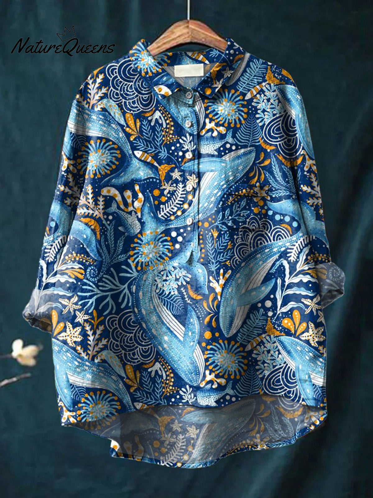 Vintage Lovely Whales Sea Life Art Print Casual Cotton And Linen Shirt