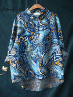Vintage Lovely Whales Sea Life Art Print Casual Cotton And Linen Shirt