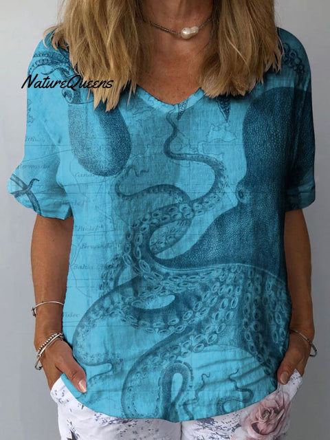 Women's Deep Sea Octopus Art Print Casual Cotton And Linen Shirt