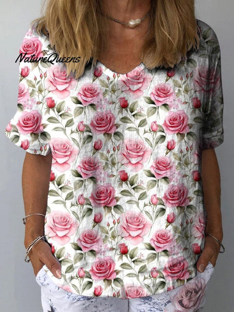 Watercolor Pink French Rose Pattern Printed Women's Casual Cotton And Linen Shirt