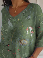 Woodland And Animals Repeat Pattern Printed Women's Casual Pullover Knit