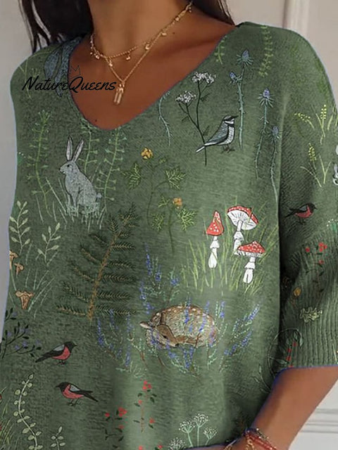 Woodland And Animals Repeat Pattern Printed Women's Casual Pullover Knit