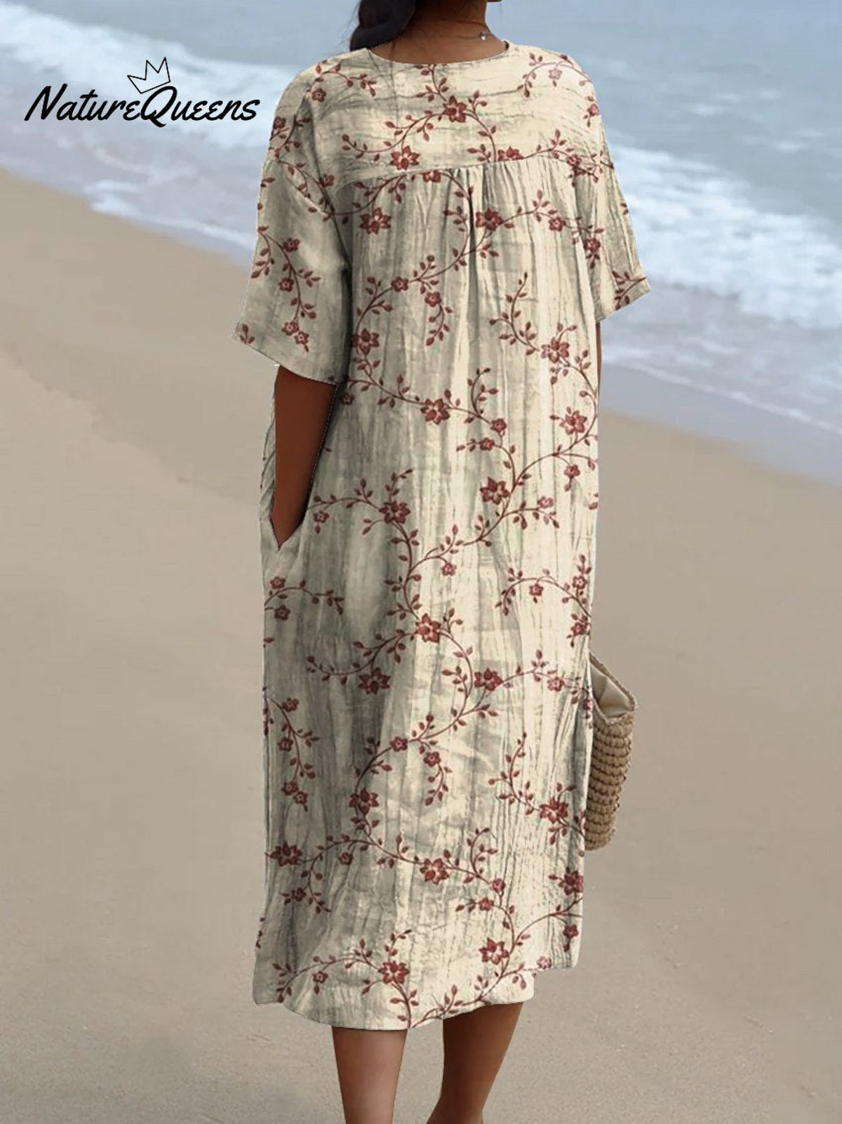 Women's Red Elegant Floral Print Pocket Linen Dress