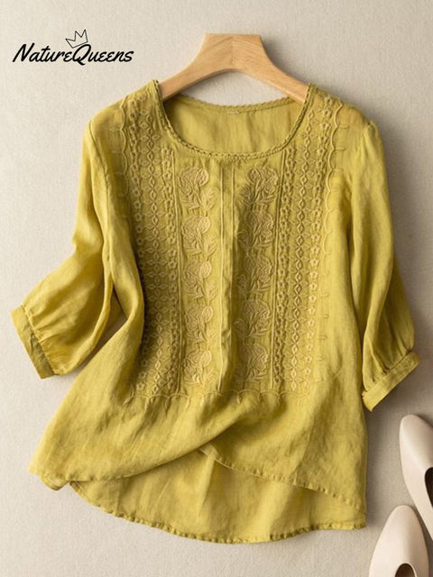Women's Embroidered Cotton And Linen Lace Patchwork Shirt
