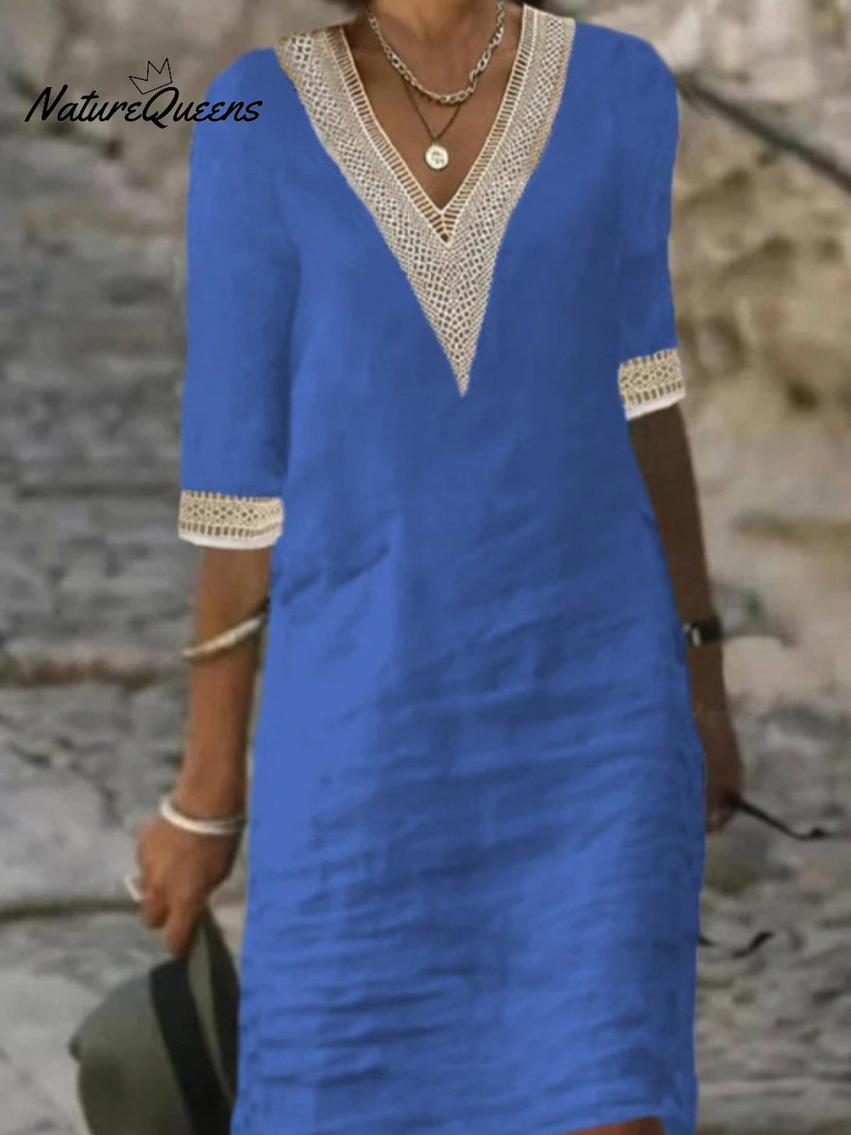 V - Neck Mid - Sleeved Cotton And Linen Casual Dress Blue / S