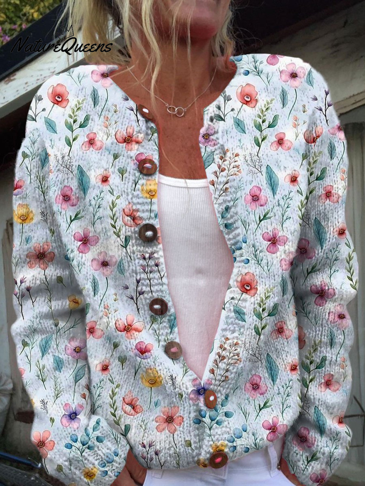 Vintage Flower Art Print Buttoned Cardigan Sweater