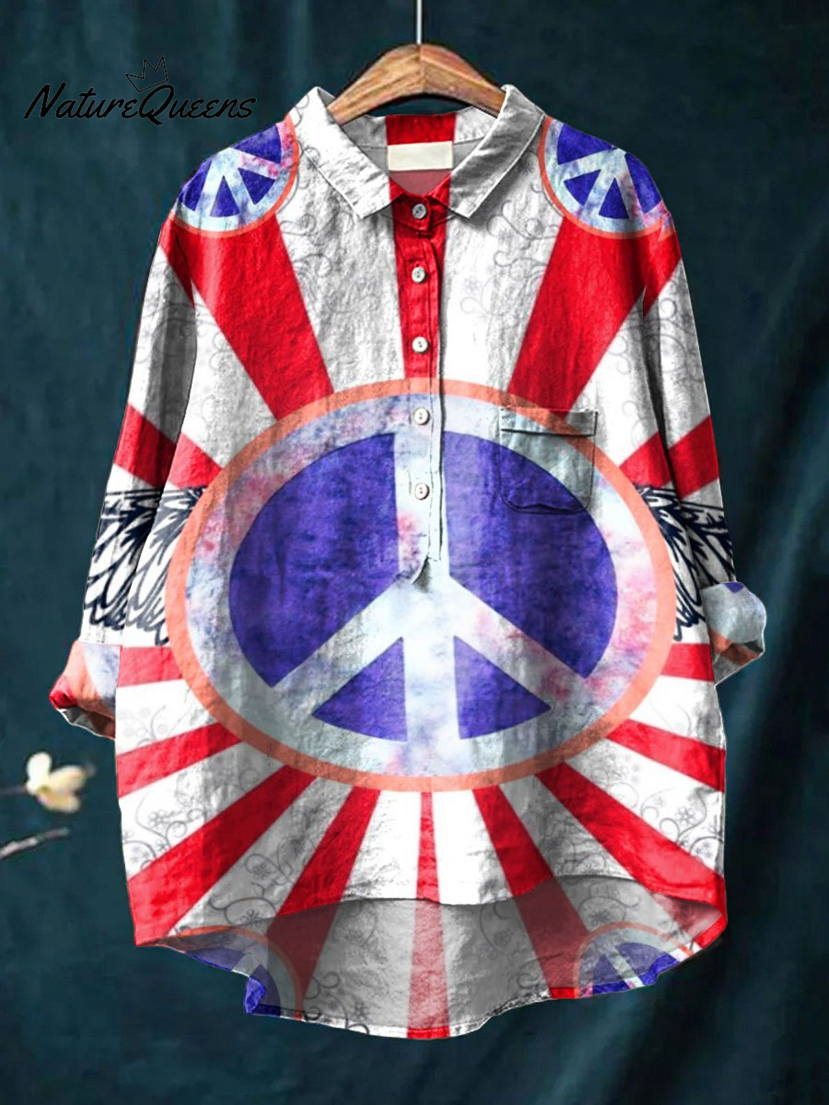 Women's Vintage USA FLag Peace Art Print Casual Cotton And Linen Shirt