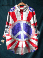 Women's Vintage USA FLag Peace Art Print Casual Cotton And Linen Shirt