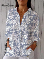 Women's Silhouette White Floral Print On Blue Print Casual Linen V-neck Shirt