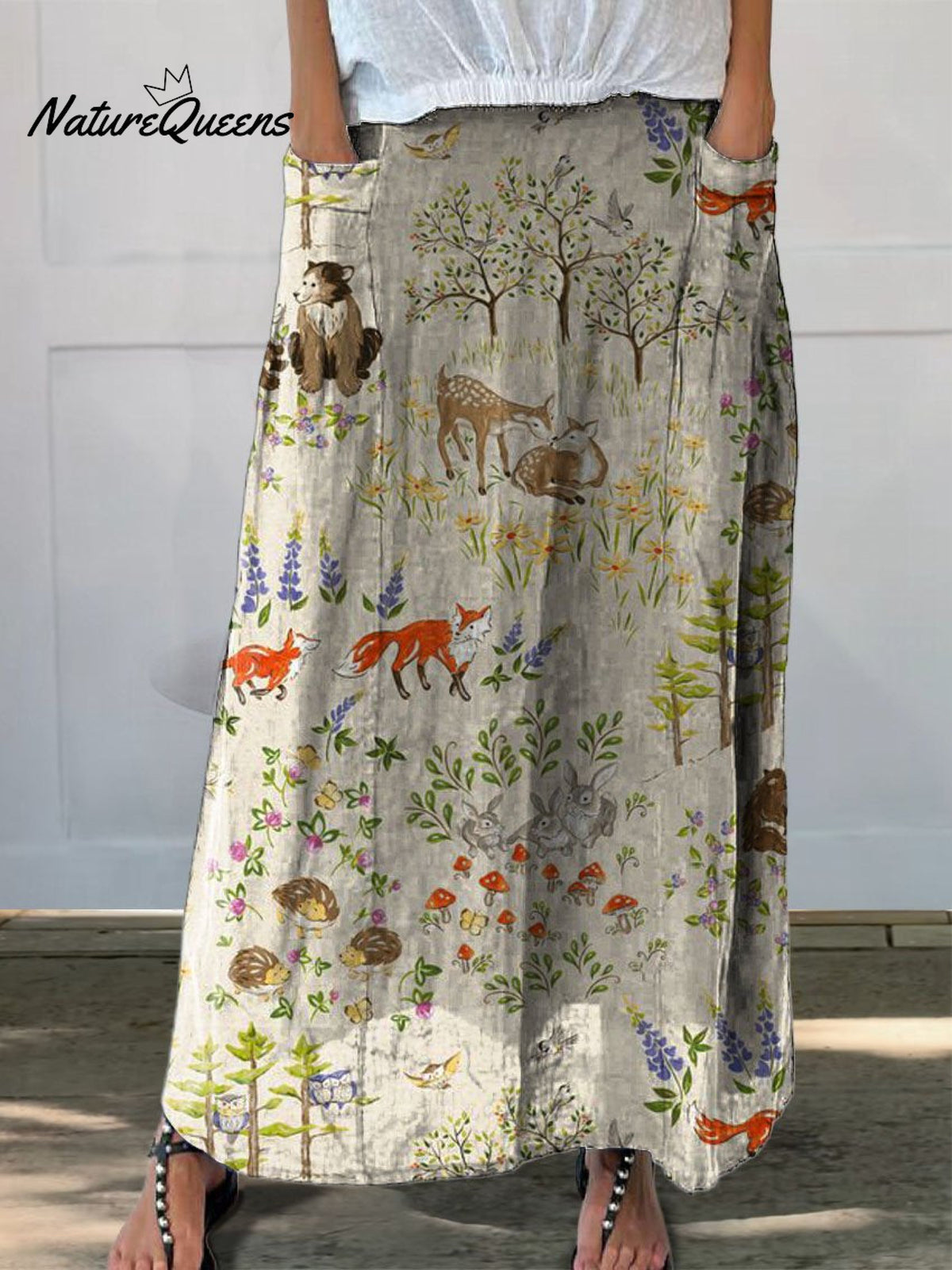 Women’s Retro Floral Animals Art Casual Linen Pocket Skirt