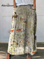 Women’s Retro Floral Animals Art Casual Linen Pocket Skirt
