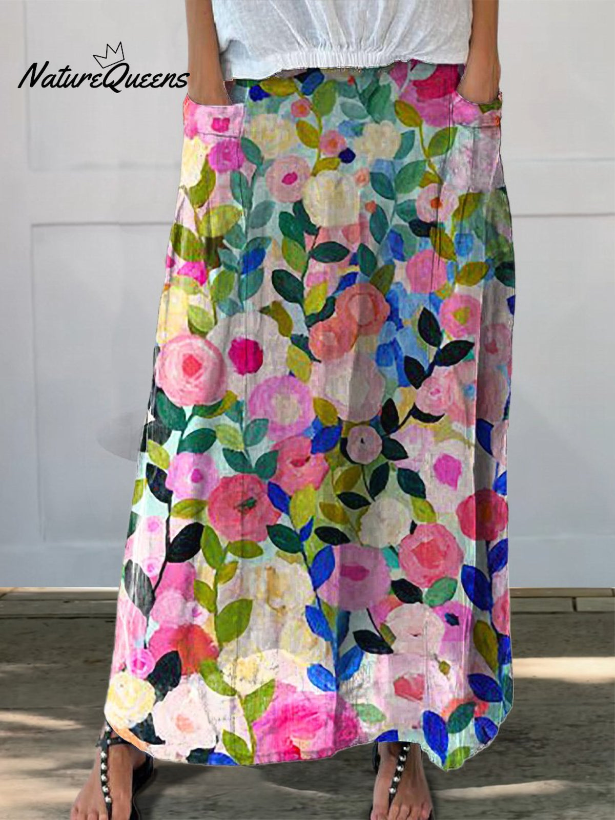 Colorful Spring Floral Garden Printed Women's Linen Pocket Skirt