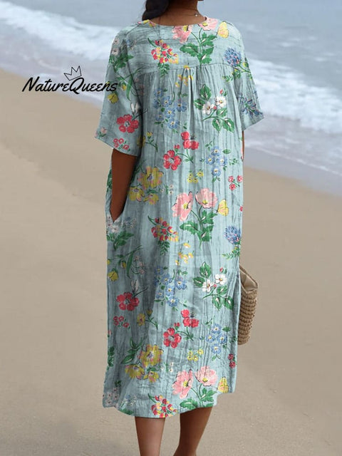 Retro Style Summer Floral Pattern Printed Women's Flowy Dress