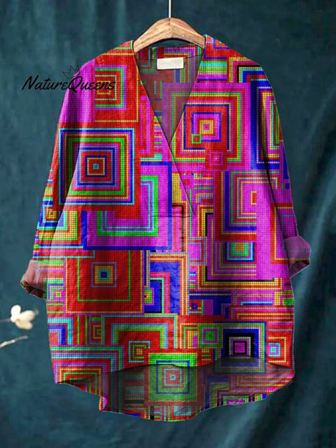 Colorful Geometric Square Pattern Printed Women's Casual Cotton And Linen V-Neck Shirt